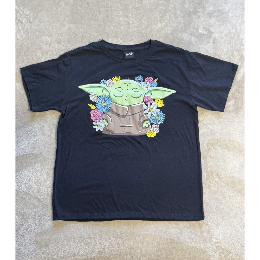 Star Wars The‎ Mandalorian Grogu The Child Baby Yoda Floral T Shirt Black Medium